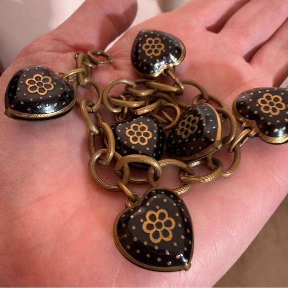 Antique Victorian revival art deco Brass Black enamel Heart Charm bracelet - Picture 13 of 17